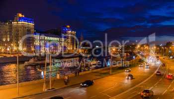 Moscow night landscape with road and river.