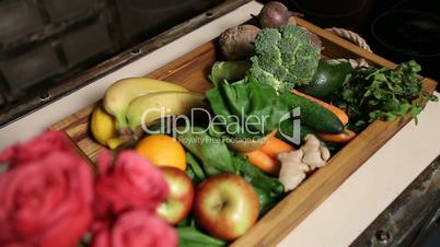 Top view of fresh fruits and vegetable in tray