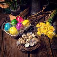 easter eggs and daffodils