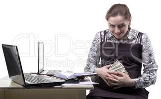Greedy pregnant woman with dollars