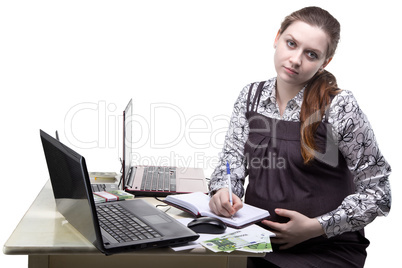 Working pregnant woman and euro currency