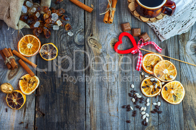 cup of coffee and sweets on the gray wooden surface