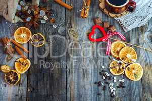 cup of coffee and sweets on the gray wooden surface