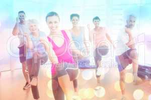 Composite image of smiling people doing power fitness exercise at yoga class