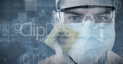 Composite image of doctor in protective glasses and surgical mask holding electronic chip