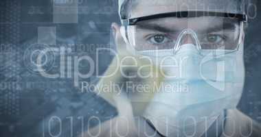 Composite image of doctor in protective glasses and surgical mask holding electronic chip