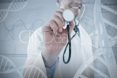 Composite image of doctor examining with stethoscope