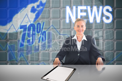 Composite image of businesswoman sitting on swivel chair in black suit