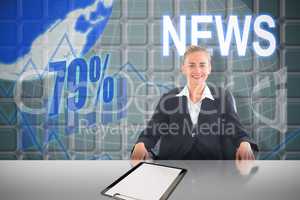 Composite image of businesswoman sitting on swivel chair in black suit