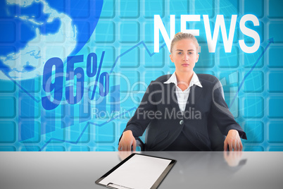 Composite image of businesswoman sitting on swivel chair in black suit