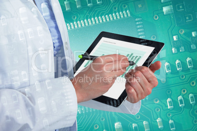 Composite image of midsection of female doctor using digital tablet with stylus