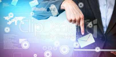 Composite image of midsection of businesswoman using digital tablet