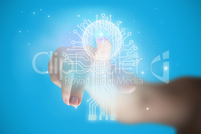 Composite image of cropped image of woman hand pointing