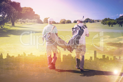 Composite image of friends walking together at golf course