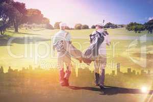 Composite image of friends walking together at golf course