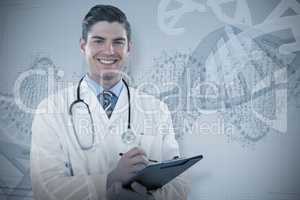 Composite image of portrait smiling doctor writing on clipboard