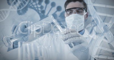 Composite image of doctor wearing medical gloves filling the test tube