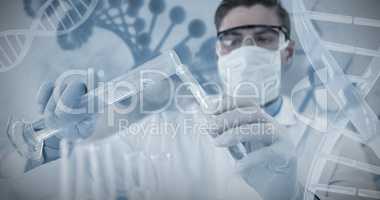 Composite image of doctor wearing medical gloves filling the test tube