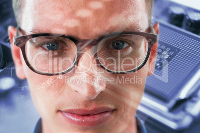 Composite image of close up portrait of man wearing eyesglasses