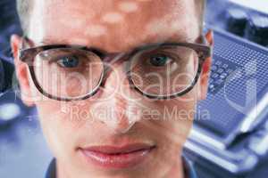 Composite image of close up portrait of man wearing eyesglasses