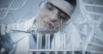 Composite image of female scientist reserching in experiment