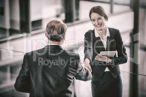 Cheerful woman shaking hands with colleague