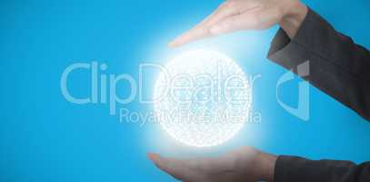 Composite image of businesswoman hand gesturing against blue background