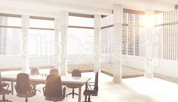 Composite image of empty office chairs and table