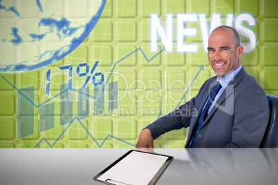 Composite image of portrait of confident businessman sitting on chair