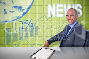 Composite image of portrait of confident businessman sitting on chair