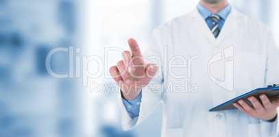 Composite image of doctor holding clipboard while touching transparent interface
