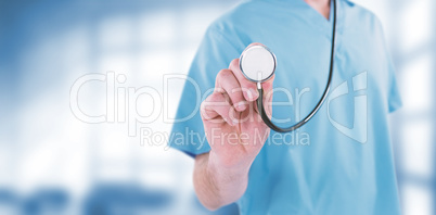 Composite image of midsection of surgeon holding stethoscope