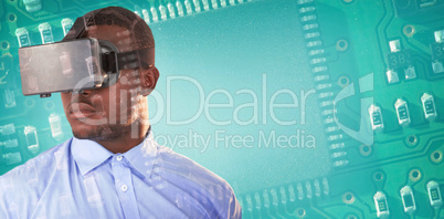 Composite image of man wearing virtual reality simulator against white background