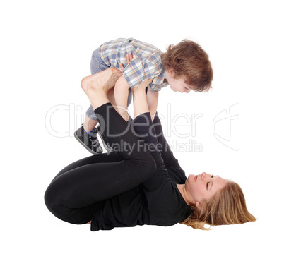Mother and son playing on floor.