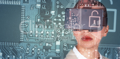 Composite image of close up of businesswoman wearing virtual video glasses