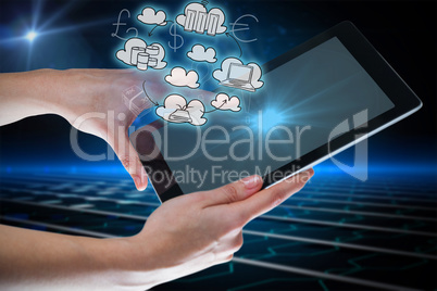 Composite image of hands using digital tablet against white background