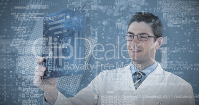 Composite image of computer engineer holding motherboard