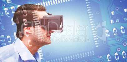 Composite image of profile view of businessman holding virtual glasses