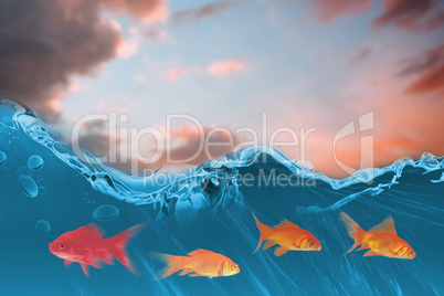 Composite image of side view of fish swimming