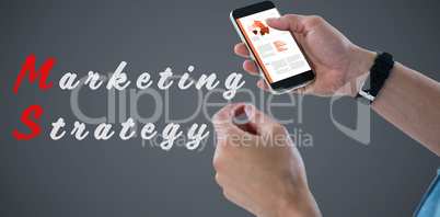 Composite image of close-up of man holding mobile phone