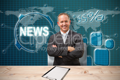 Composite image of smiling manager with arms crossed in warehouse