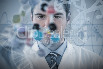 Composite image of young scientist experimenting molecule structure