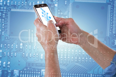 Composite image of close-up of cropped hands holding phone