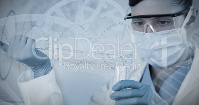 Composite image of female scientist holding laboratory glassware