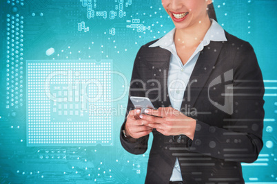 Composite image of smiling businesswoman holding mobile phone