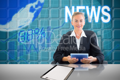 Composite image of businesswoman sitting on swivel chair with tablet