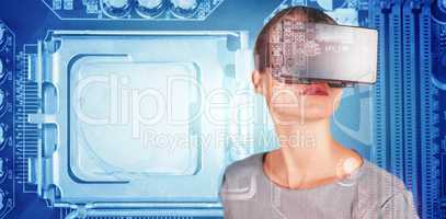 Composite image of close up of woman using virtual reality simulator