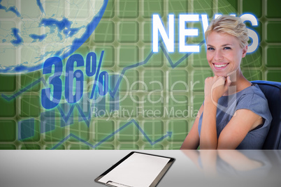 Composite image of portrait of smiling businesswoman sitting on chair