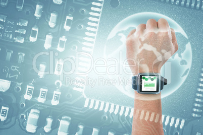 Composite image of cropped hand wearing watch