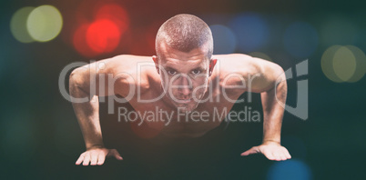 Composite image of confident shirtless athlete doing push ups